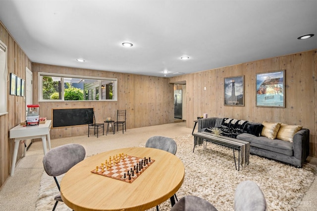 15406 NE 3rd Pl, Bellevue, WA 98007 - carpeted living room featuring wooden walls and recessed lighting