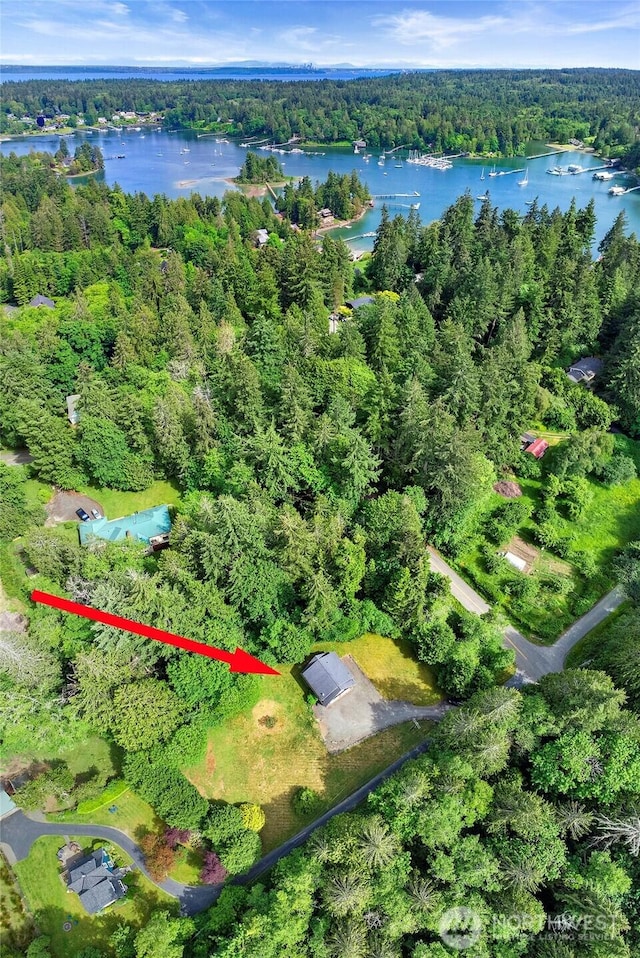 8000 NE W Port Madison Rd, Bainbridge Island, WA 98110 - aerial view of property's location featuring a heavily wooded area and a nearby body of water