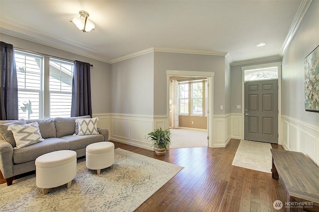 24817 SE 13th Pl, Sammamish, WA 98075 - living area with dark wood-style flooring, wainscoting, and ornamental molding