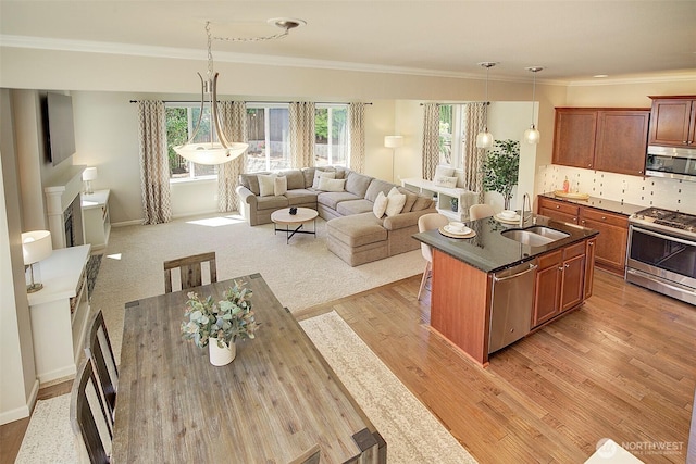 24817 SE 13th Pl, Sammamish, WA 98075 - kitchen with appliances with stainless steel finishes, a sink, open floor plan, healthy amount of natural light, and ornamental molding