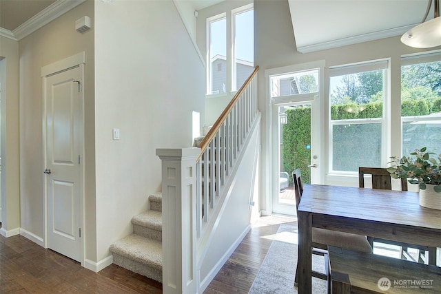 24817 SE 13th Pl, Sammamish, WA 98075 - staircase with ornamental molding, baseboards, and wood finished floors