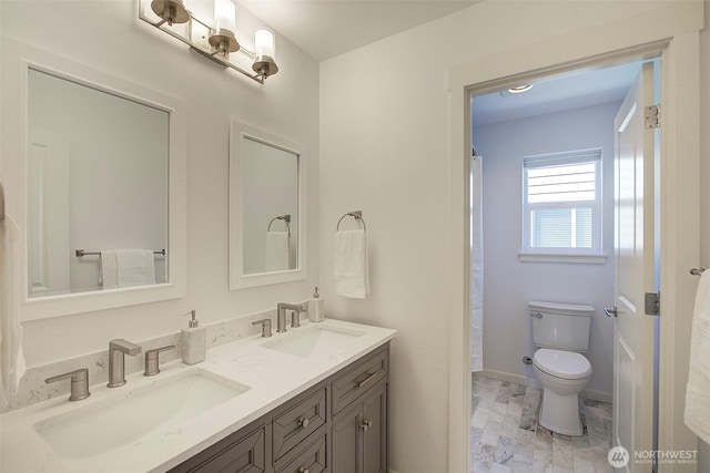 24817 SE 13th Pl, Sammamish, WA 98075 - full bath featuring double vanity, marble look tile flooring, toilet, curtained shower, and baseboards