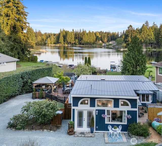 31707 W Lake Ketchum Rd, Stanwood, WA 98292 - back of house with a water view, a standing seam roof, a gazebo, and metal roof