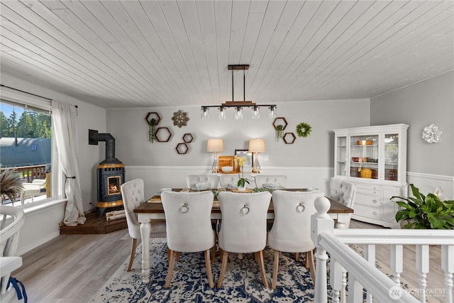 31707 W Lake Ketchum Rd, Stanwood, WA 98292 - dining space with a wood stove, wooden ceiling, and wood finished floors