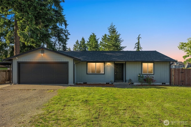 8517 188th Ct E, Puyallup, WA 98375 - ranch-style home with dirt driveway, an attached garage, and roof with shingles