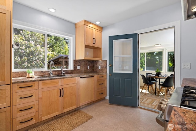 2921 Ellis St, Bellingham, WA 98225 - kitchen featuring light brown cabinetry, a sink, stainless steel gas range oven, plenty of natural light, and recessed lighting