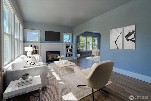 914 N Cedar St, Tacoma, WA 98406 - living room with wood finished floors, a fireplace, arched walkways, and baseboards