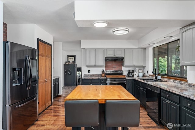5721 Mountain Lane Rd, Peshastin, WA 98847 - kitchen featuring black appliances, under cabinet range hood, a sink, wooden counters, and wood finished floors