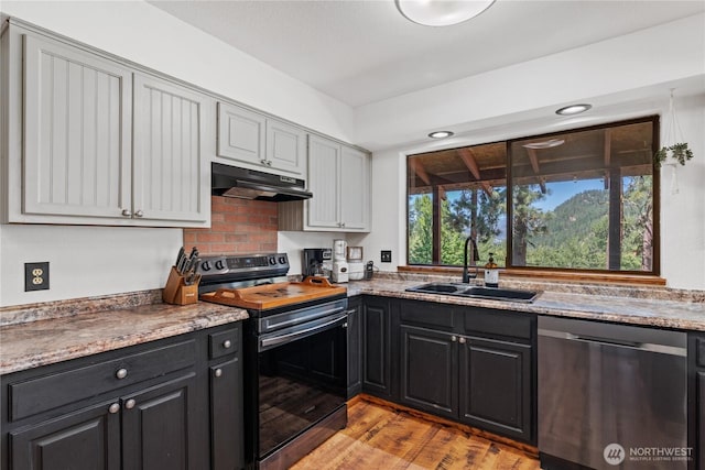 5721 Mountain Lane Rd, Peshastin, WA 98847 - kitchen featuring electric range, dishwasher, a sink, under cabinet range hood, and light wood-style flooring