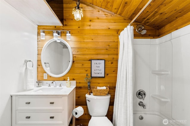 44019 Fir Rd, Gold Bar, WA 98251 - bathroom featuring wooden ceiling, vanity, wood walls, shower / bath combination with curtain, and vaulted ceiling