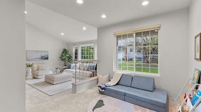 11405 SE 65th St, Bellevue, WA 98006 - living room with carpet flooring, recessed lighting, and vaulted ceiling