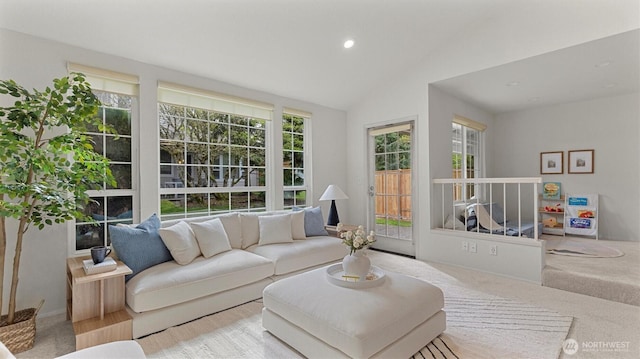11405 SE 65th St, Bellevue, WA 98006 - living area featuring vaulted ceiling, recessed lighting, and carpet flooring