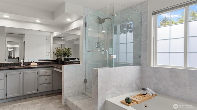 11405 SE 65th St, Bellevue, WA 98006 - full bathroom with a stall shower, a whirlpool tub, vanity, and recessed lighting