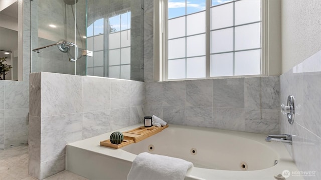 11405 SE 65th St, Bellevue, WA 98006 - bathroom with a jetted tub, a walk in shower, and tile walls