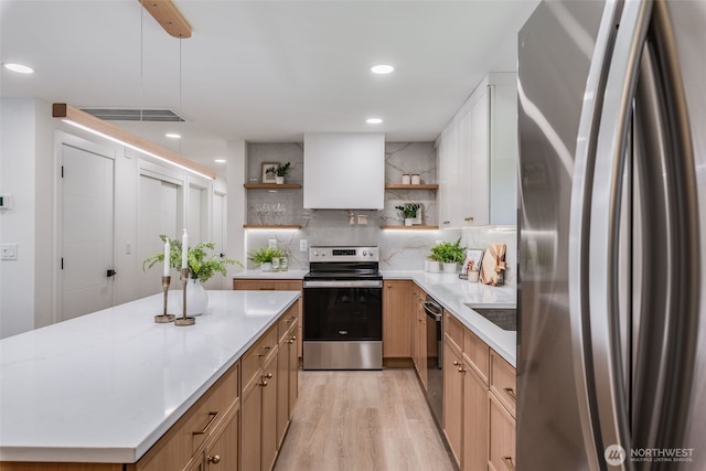 30156 2nd Pl SW, Federal Way, WA 98023 - kitchen with stainless steel appliances, open shelves, light wood-type flooring, tasteful backsplash, and a kitchen island