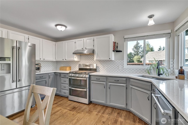 404 Jewell St, Enumclaw, WA 98022 - kitchen with appliances with stainless steel finishes, gray cabinets, a sink, under cabinet range hood, and backsplash