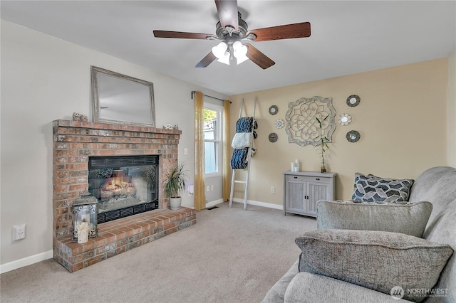 404 Jewell St, Enumclaw, WA 98022 - carpeted living room featuring ceiling fan, a brick fireplace, and baseboards
