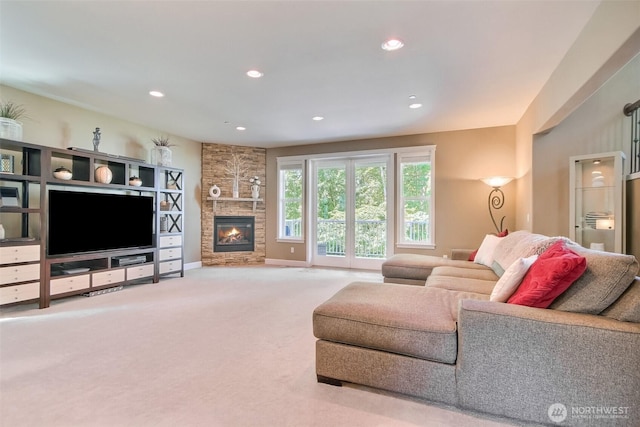 20208 81st Pl NE, Kenmore, WA 98028 - living area featuring carpet floors, recessed lighting, and a fireplace