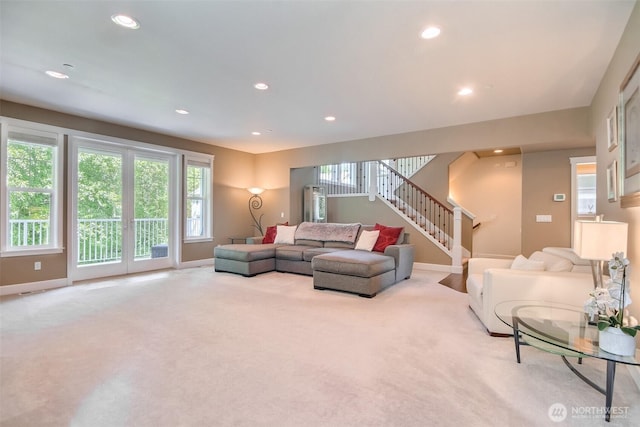 20208 81st Pl NE, Kenmore, WA 98028 - living area with stairs, carpet floors, and recessed lighting