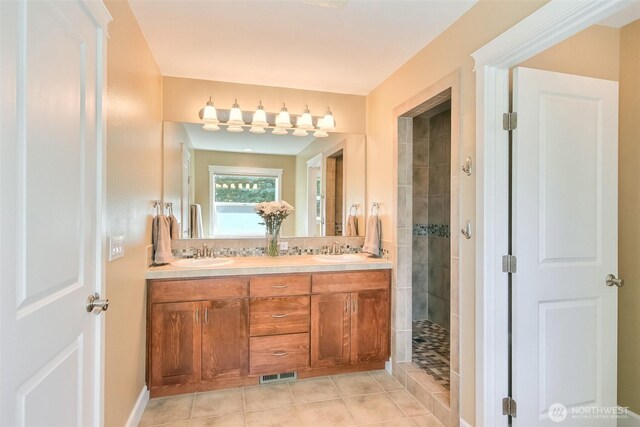 20208 81st Pl NE, Kenmore, WA 98028 - bathroom with double vanity, tile patterned floors, and a stall shower