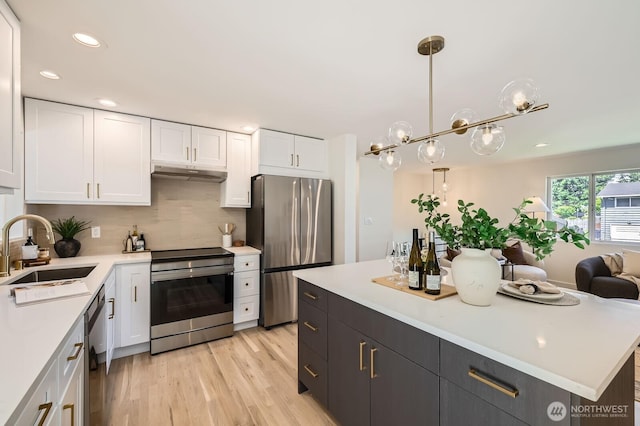 21602 49th Pl W, Mountlake Terrace, WA 98043 - kitchen featuring stainless steel appliances, a sink, under cabinet range hood, white cabinetry, and recessed lighting