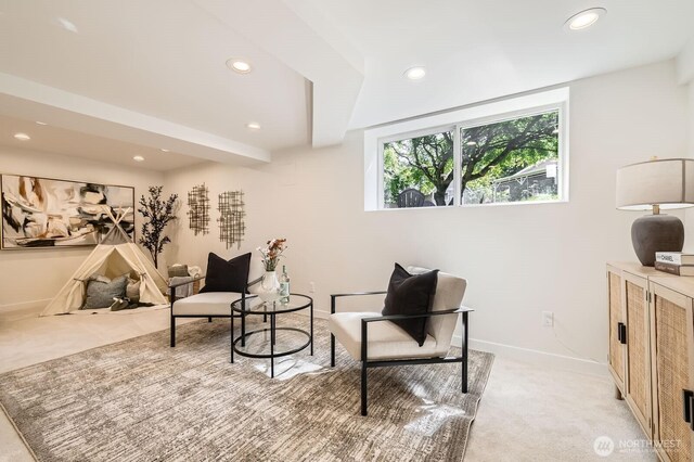 21602 49th Pl W, Mountlake Terrace, WA 98043 - living area featuring recessed lighting, light colored carpet, and baseboards