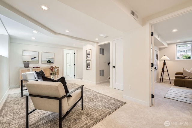 21602 49th Pl W, Mountlake Terrace, WA 98043 - living room with recessed lighting, light colored carpet, baseboards, and stairway