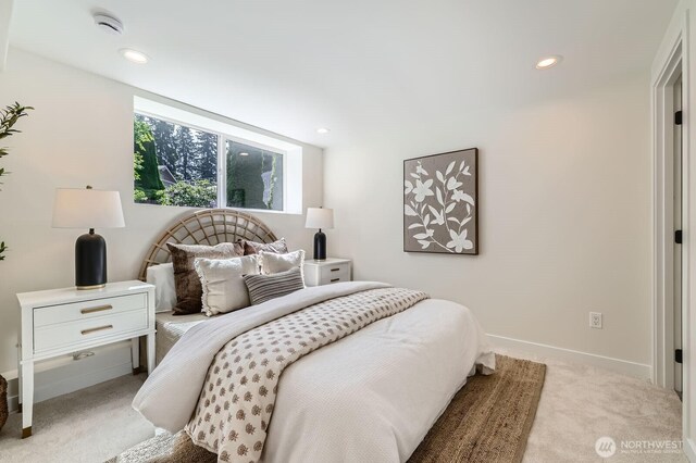 21602 49th Pl W, Mountlake Terrace, WA 98043 - bedroom featuring light colored carpet, baseboards, and recessed lighting