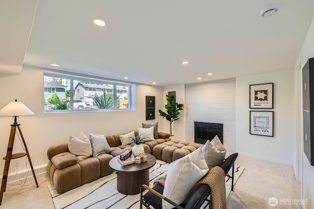 21602 49th Pl W, Mountlake Terrace, WA 98043 - living room featuring light carpet, a fireplace, recessed lighting, and baseboards