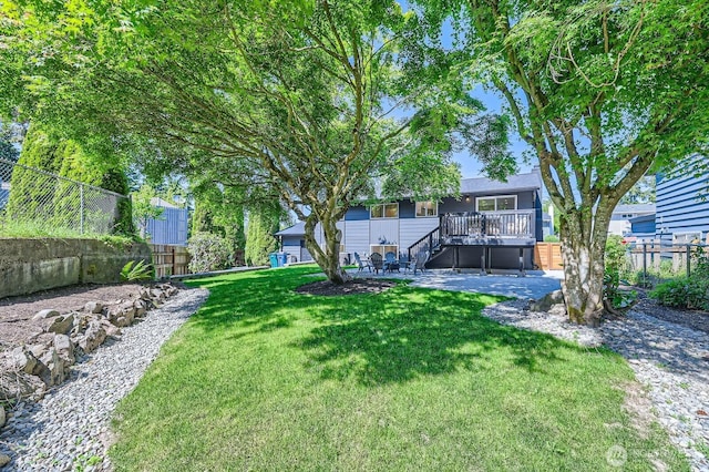 21602 49th Pl W, Mountlake Terrace, WA 98043 - view of yard featuring a patio, a wooden deck, and stairs