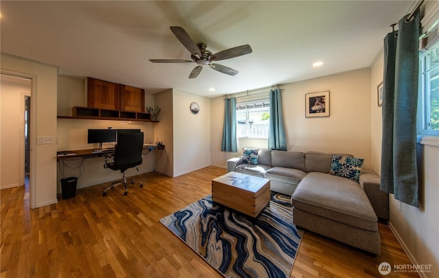 204 76th St SE, Everett, WA 98203 - living room featuring wood finished floors, a ceiling fan, recessed lighting, and baseboards