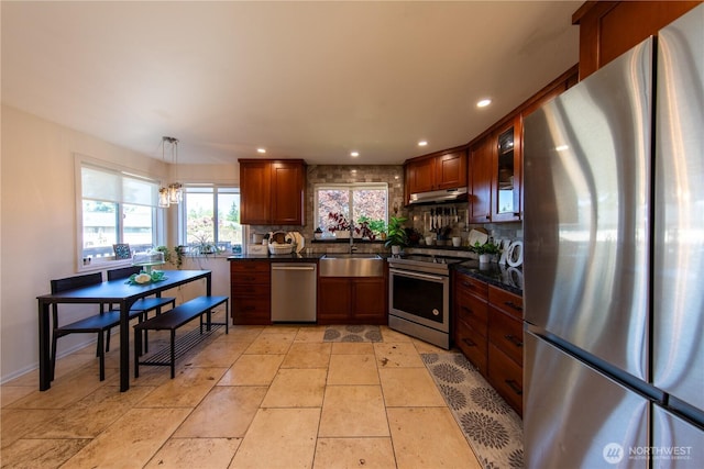 204 76th St SE, Everett, WA 98203 - kitchen with appliances with stainless steel finishes, dark countertops, under cabinet range hood, tasteful backsplash, and a sink