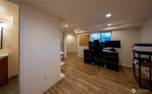 204 76th St SE, Everett, WA 98203 - office area featuring recessed lighting, wood finished floors, and baseboards