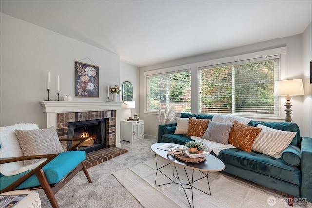 5822 N 35th St Unit C9, Tacoma, WA 98407 - carpeted living room featuring a brick fireplace and baseboards