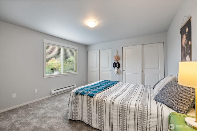 5822 N 35th St Unit C9, Tacoma, WA 98407 - carpeted bedroom with a baseboard radiator, two closets, and baseboards