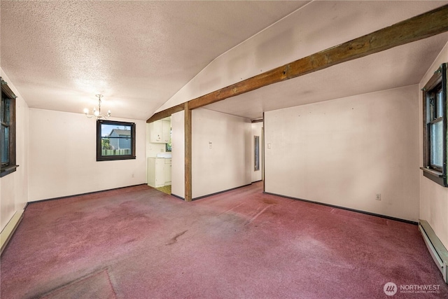 1416 S 88th St, Tacoma, WA 98444 - carpeted spare room with baseboard heating, lofted ceiling, a textured ceiling, a chandelier, and baseboards