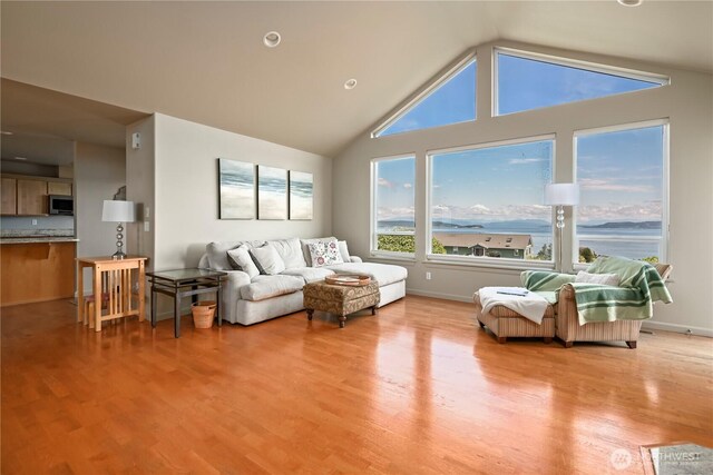 1257 Canterbury Ln, Oak Harbor, WA 98277 - living room featuring light wood-style flooring, lofted ceiling, and baseboards