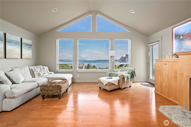 1257 Canterbury Ln, Oak Harbor, WA 98277 - living room with light wood finished floors, lofted ceiling, and baseboards