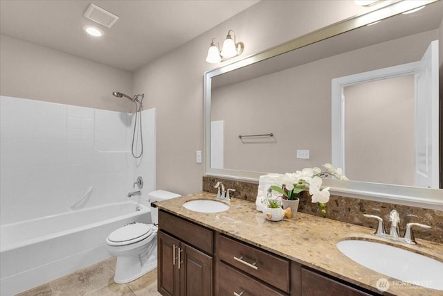 17518 39th Ave SE, Bothell, WA 98012 - bathroom featuring double vanity, toilet, bathing tub / shower combination, and tile patterned floors