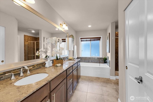 17518 39th Ave SE, Bothell, WA 98012 - full bath with a stall shower, a garden tub, double vanity, tile patterned flooring, and recessed lighting