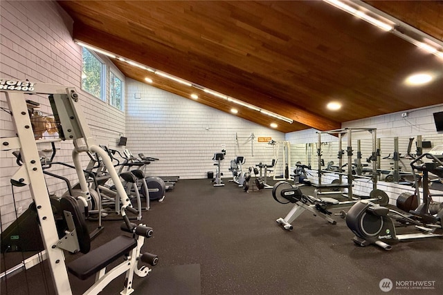 6268 137th Pl NE Unit 244, Redmond, WA 98052 - workout area featuring high vaulted ceiling, wood ceiling, and wood walls