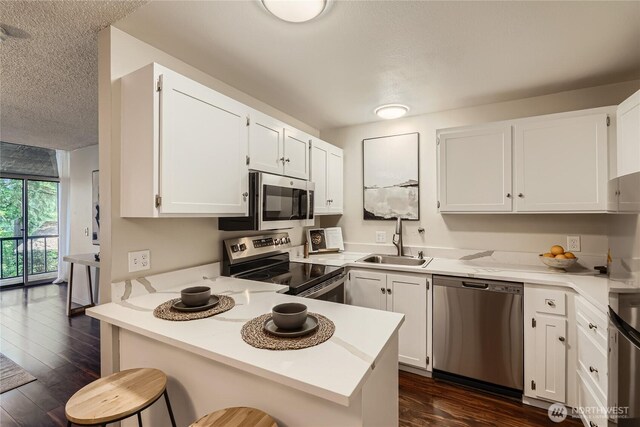 6268 137th Pl NE Unit 244, Redmond, WA 98052 - kitchen featuring stainless steel appliances, a sink, dark wood-style floors, white cabinets, and a peninsula