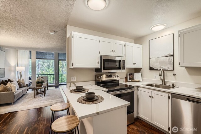 6268 137th Pl NE Unit 244, Redmond, WA 98052 - kitchen with stainless steel appliances, a sink, a textured ceiling, white cabinetry, and dark wood-type flooring