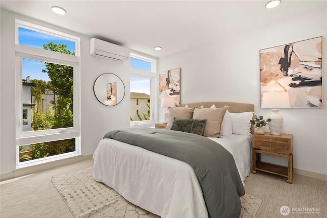3609 Linden Ave N, Seattle, WA 98103 - bedroom with an AC wall unit, carpet floors, baseboards, and recessed lighting