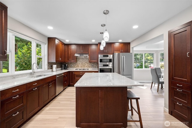 6579 Gleneagle Ave SW, Port Orchard, WA 98367 - kitchen featuring a sink, under cabinet range hood, stainless steel appliances, healthy amount of natural light, and recessed lighting