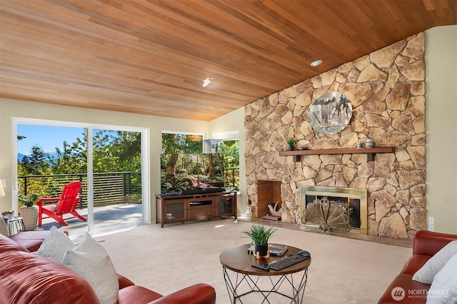 4906 157th Ave SE, Bellevue, WA 98006 - living area featuring wooden ceiling, vaulted ceiling, carpet floors, and a fireplace