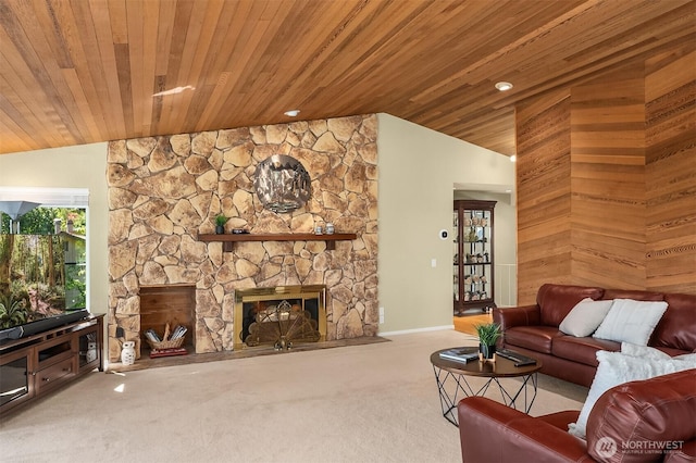 4906 157th Ave SE, Bellevue, WA 98006 - living area featuring vaulted ceiling, carpet, wood ceiling, a fireplace, and baseboards