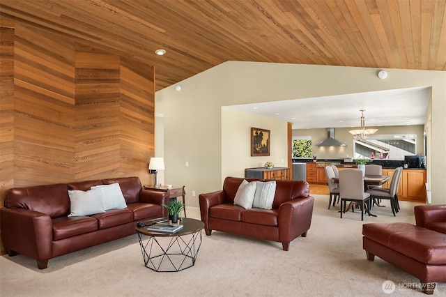 4906 157th Ave SE, Bellevue, WA 98006 - living room featuring a chandelier, lofted ceiling, light carpet, wood ceiling, and recessed lighting