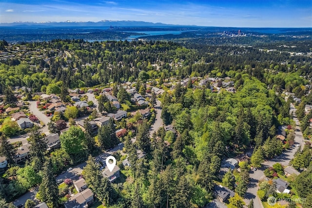 4906 157th Ave SE, Bellevue, WA 98006 - aerial view of property and surrounding area featuring a forest, a mountain backdrop, and nearby suburban area