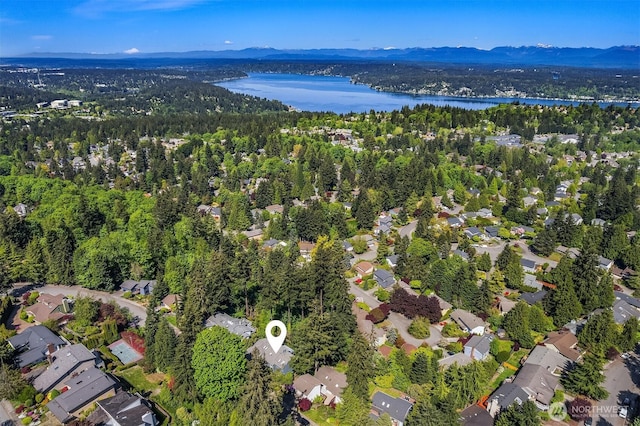 4906 157th Ave SE, Bellevue, WA 98006 - aerial overview of property's location with a water and mountain view and a heavily wooded area